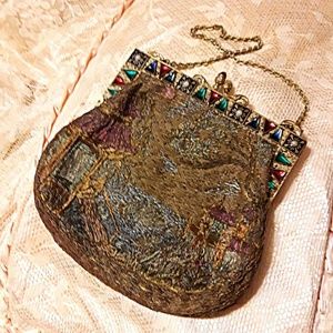 Antique 1920s Jeweled Frame Embroidered Deco Purse